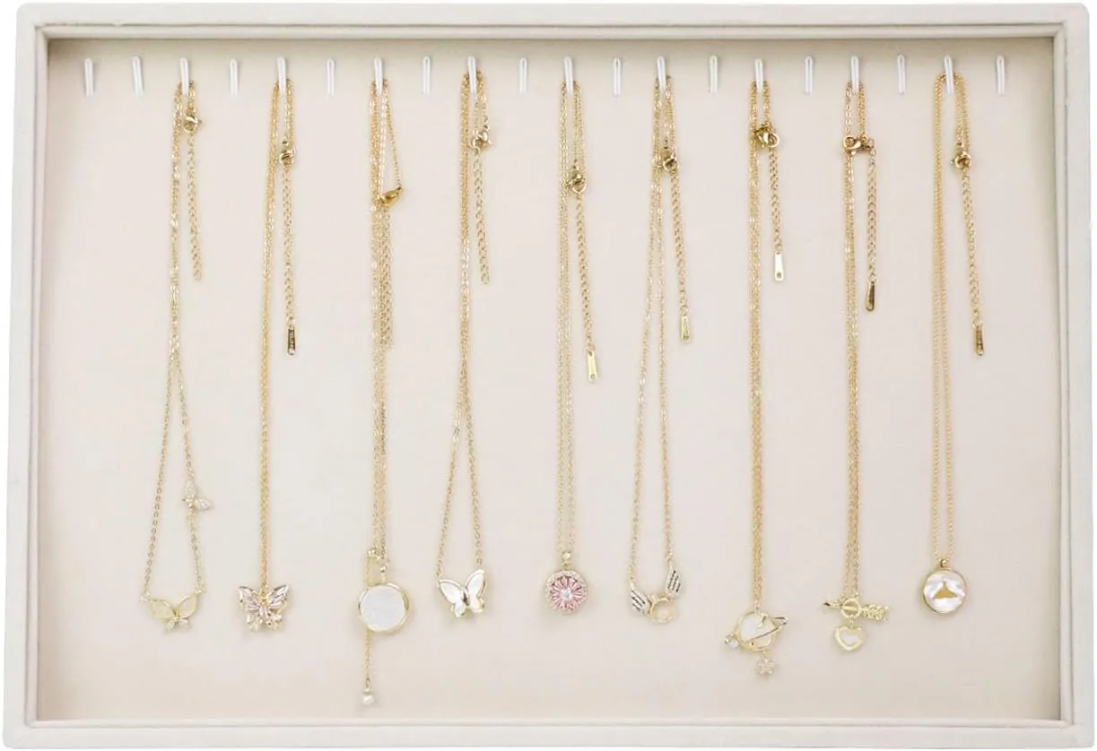 Stratalife Necklace Organizer Stackable Jewelry Organizer 20 Hooks Large Jewelry Tray Necklaces Holder Bracelet Storage for Women Girls Velvet (Beige Necklace Tray)