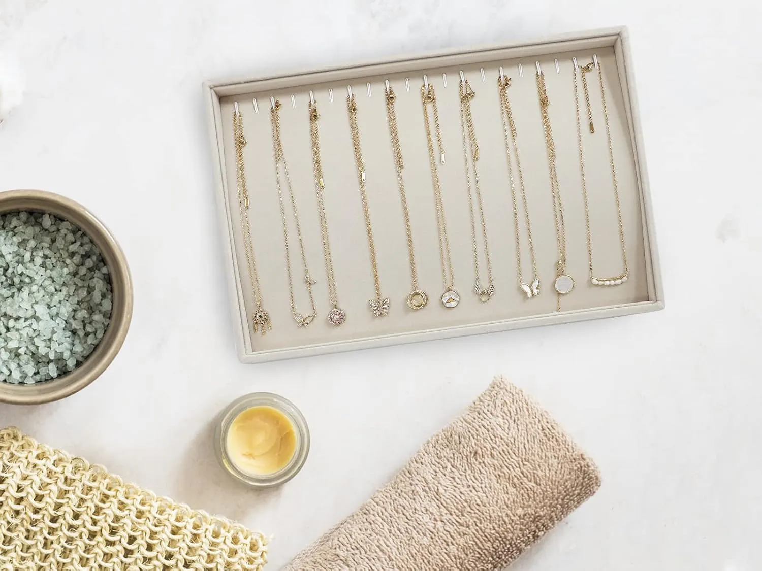 Stratalife Necklace Organizer Stackable Jewelry Organizer 20 Hooks Large Jewelry Tray Necklaces Holder Bracelet Storage for Women Girls Velvet (Beige Necklace Tray)