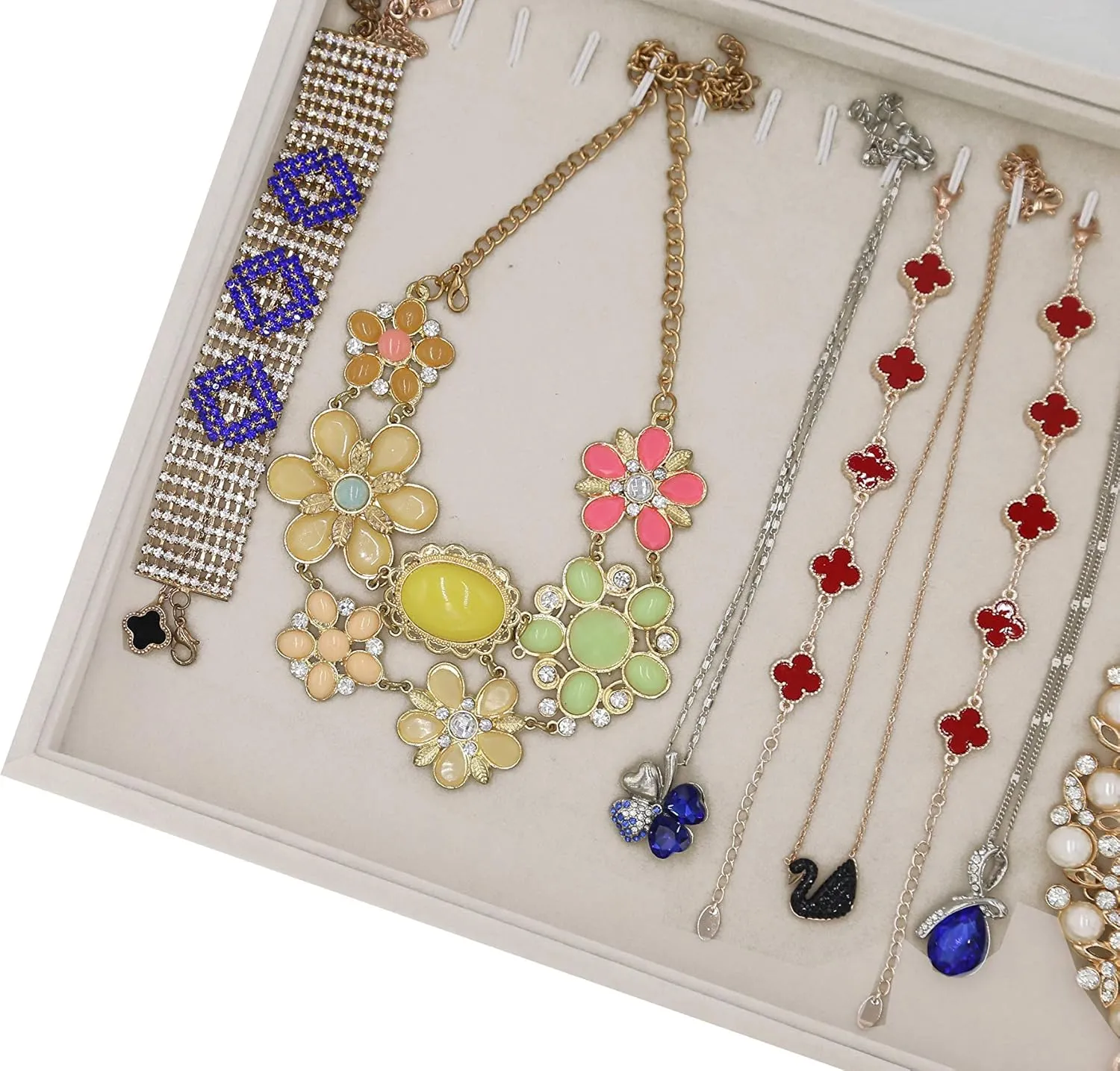 Stratalife Necklace Organizer Stackable Jewelry Organizer 20 Hooks Large Jewelry Tray Necklaces Holder Bracelet Storage for Women Girls Velvet (Beige Necklace Tray)