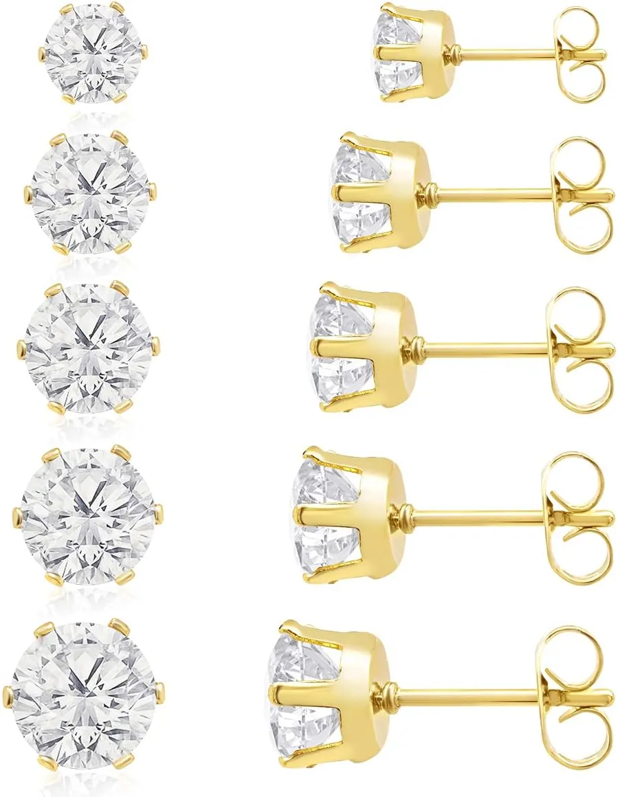 Stud Earrings Set, Hypoallergenic Cubic Zirconia Earrings Stainless Steel Cubic Zirconia Earrings 3-7mm, Silver, Rose and Yellow Gold Tone, Jewelry Boxed Sets Genuine Cubic Zirconia Earrings