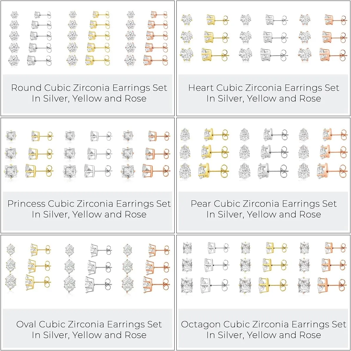 Stud Earrings Set, Hypoallergenic Cubic Zirconia Earrings Stainless Steel Cubic Zirconia Earrings 3-7mm, Silver, Rose and Yellow Gold Tone, Jewelry Boxed Sets Genuine Cubic Zirconia Earrings