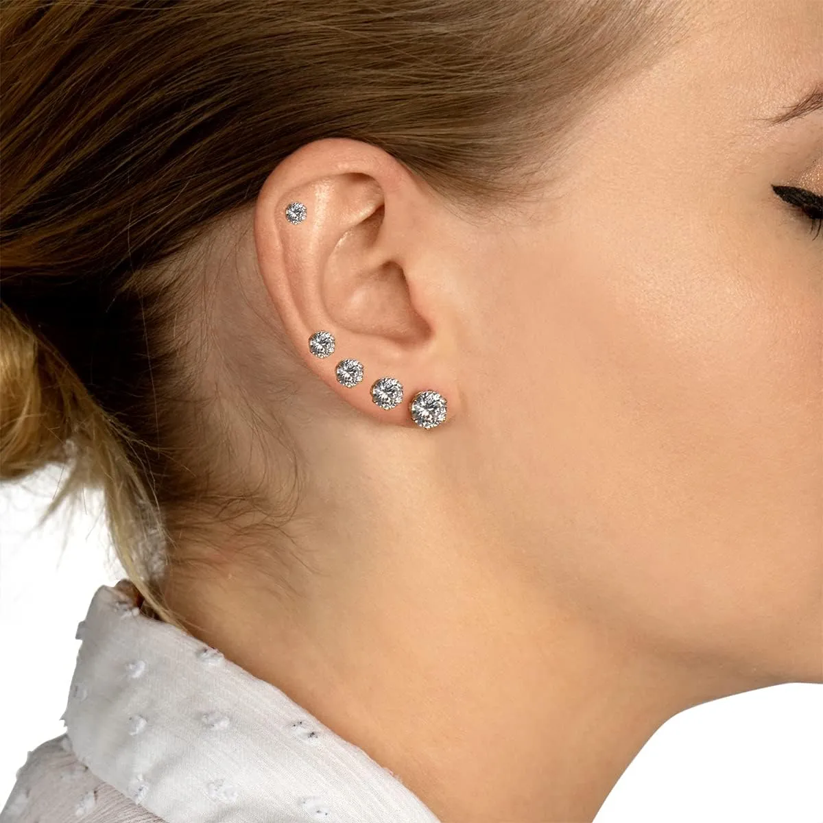 Stud Earrings Set, Hypoallergenic Cubic Zirconia Earrings Stainless Steel Cubic Zirconia Earrings 3-7mm, Silver, Rose and Yellow Gold Tone, Jewelry Boxed Sets Genuine Cubic Zirconia Earrings