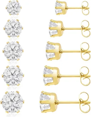 Stud Earrings Set, Hypoallergenic Cubic Zirconia Earrings Stainless Steel Cubic Zirconia Earrings 3-7mm, Silver, Rose and Yellow Gold Tone, Jewelry Boxed Sets Genuine Cubic Zirconia Earrings