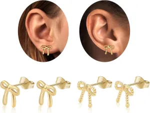 Surgical Steel Small Bow Earrings Set, Lightweight 14K Gold Plated Stud Earrings for Women Hypoallergenic Waterproof Non Tarnish