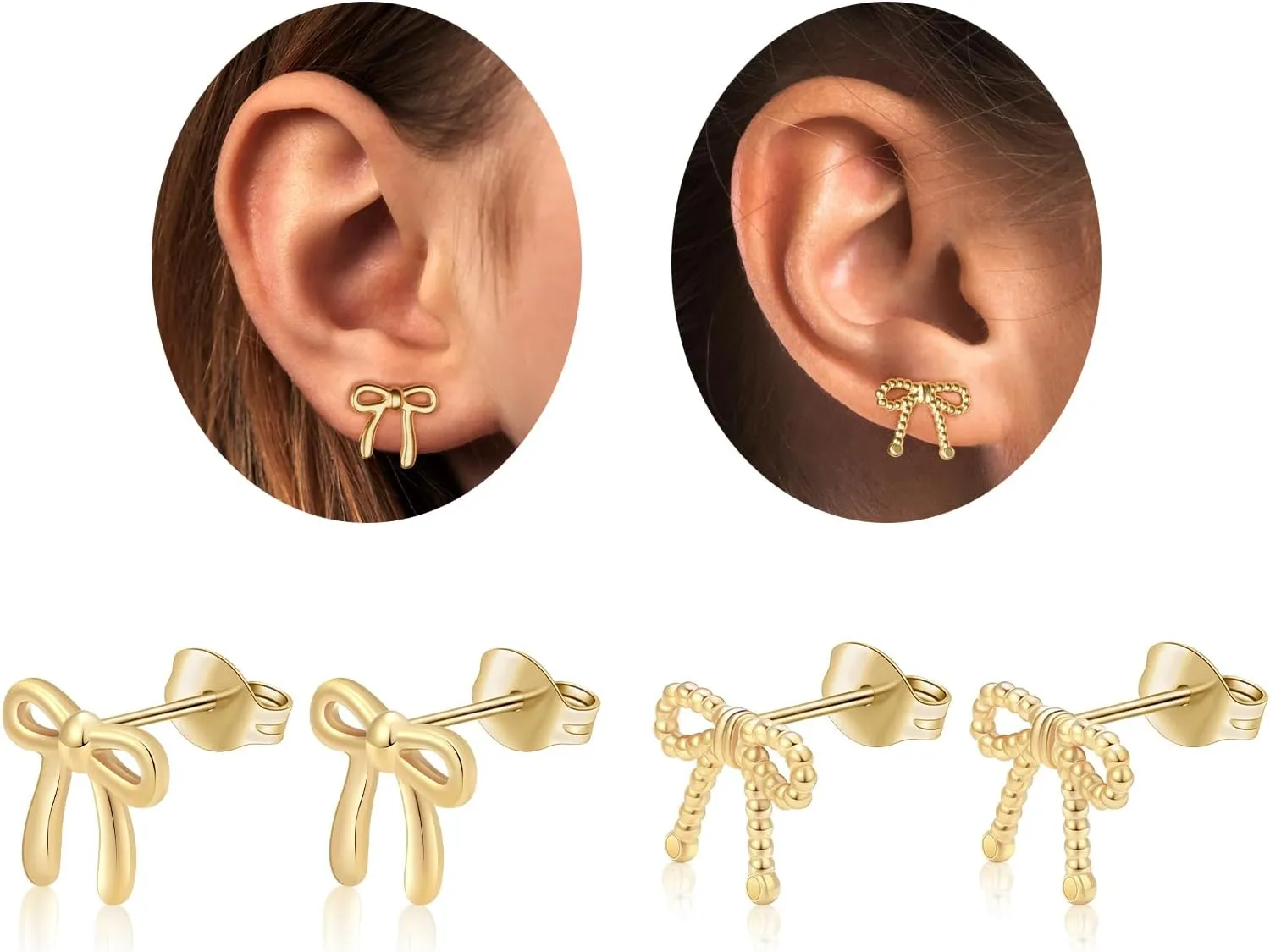 Surgical Steel Small Bow Earrings Set, Lightweight 14K Gold Plated Stud Earrings for Women Hypoallergenic Waterproof Non Tarnish