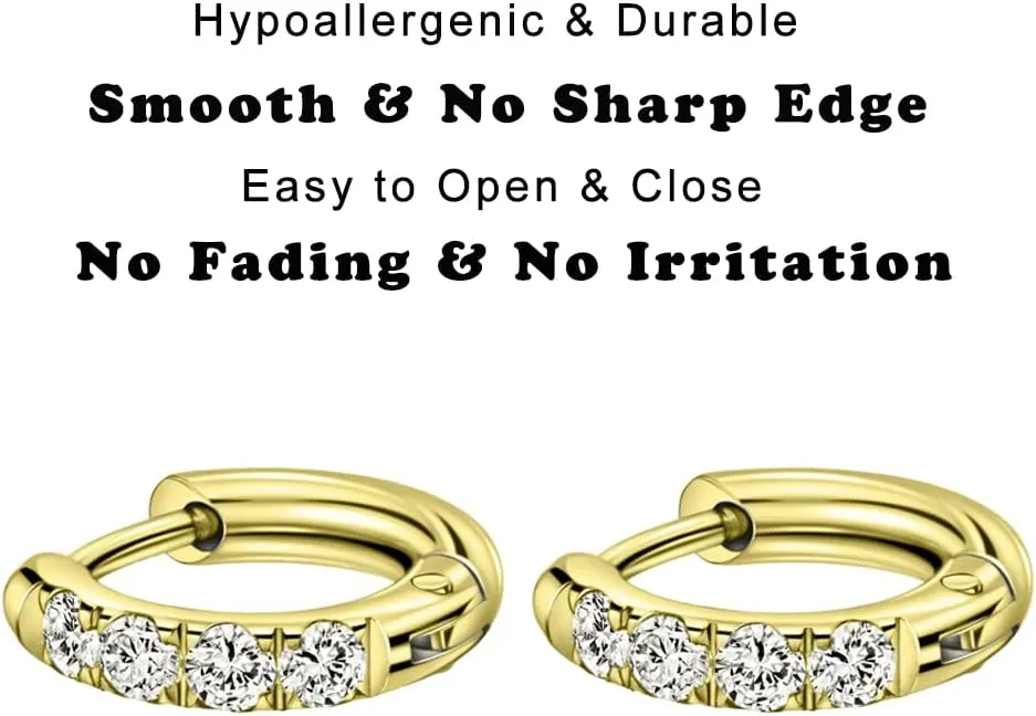 TDEBA 316L Surgical Stainless Steel Huggie Hoop Earrings with Cubic Zirconia, 10G 12G 14G 8-20mm Cartilage Lobe Earrings, 14G Piercing Jewelry