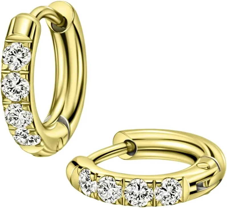 TDEBA 316L Surgical Stainless Steel Huggie Hoop Earrings with Cubic Zirconia, 10G 12G 14G 8-20mm Cartilage Lobe Earrings, 14G Piercing Jewelry