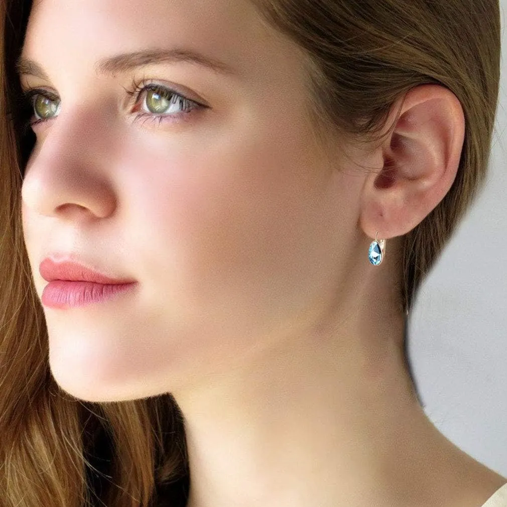 Teardrop Austrian Crystal Leverback Drop Earrings for Women 14K Rose Gold Plated Hypoallergenic Jewelry