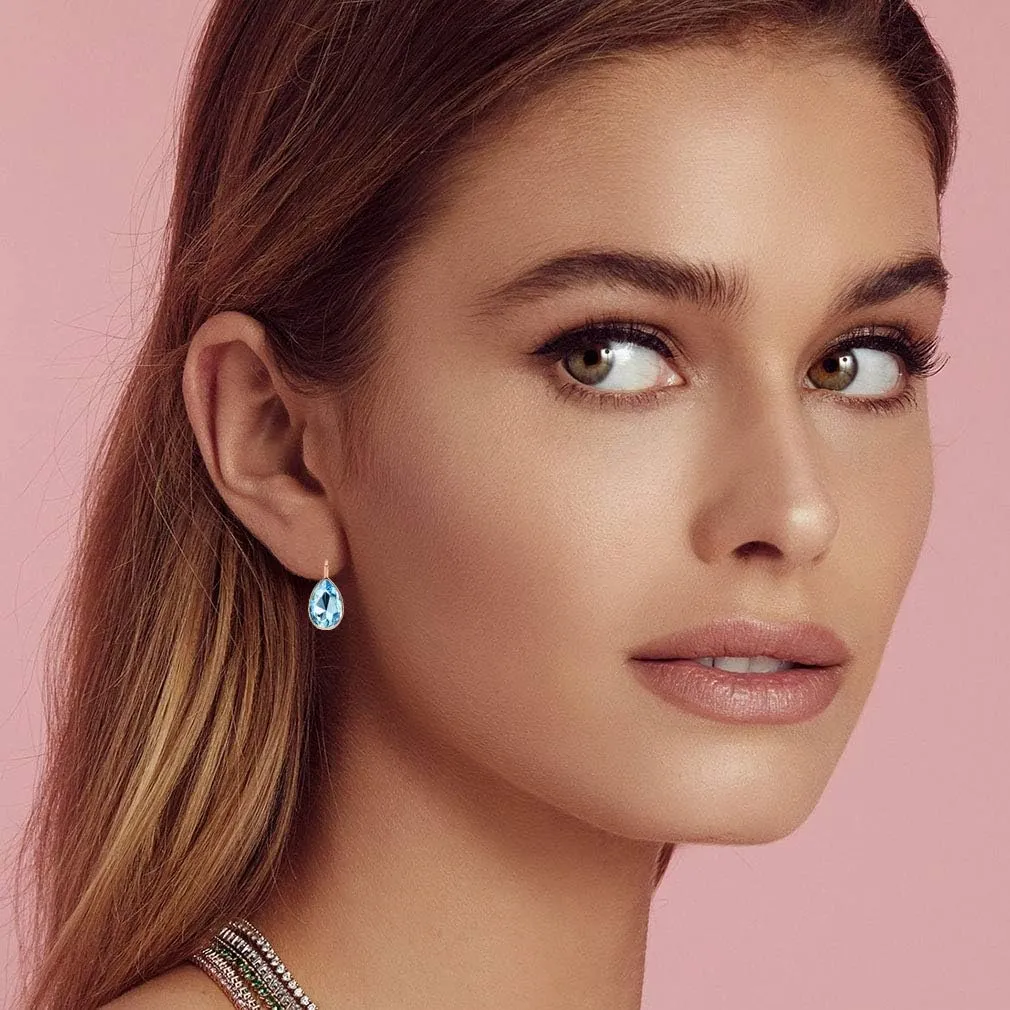Teardrop Austrian Crystal Leverback Drop Earrings for Women 14K Rose Gold Plated Hypoallergenic Jewelry