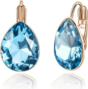 Teardrop Austrian Crystal Leverback Drop Earrings for Women 14K Rose Gold Plated Hypoallergenic Jewelry