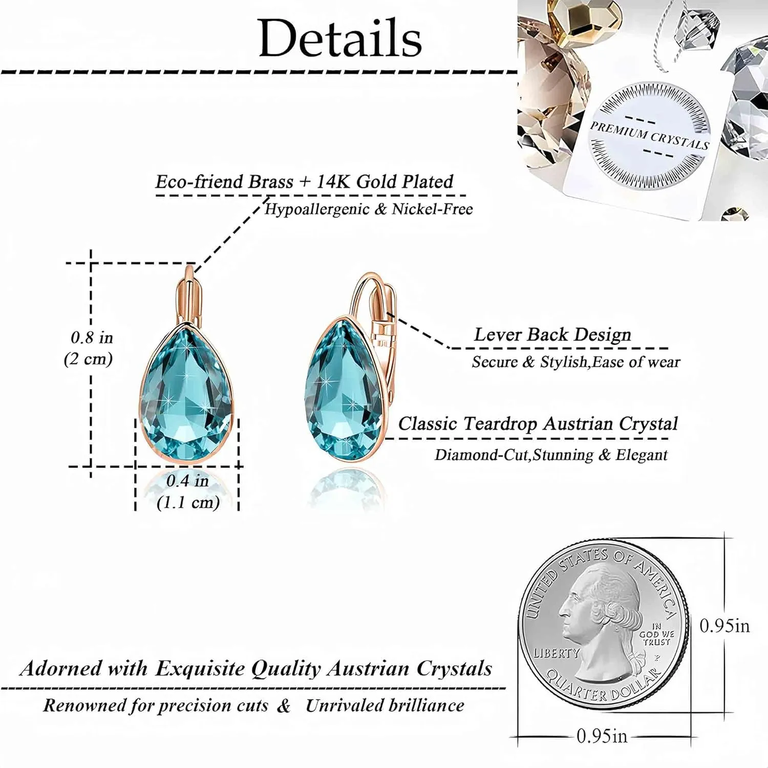 Teardrop Austrian Crystal Leverback Drop Earrings for Women 14K Rose Gold Plated Hypoallergenic Jewelry