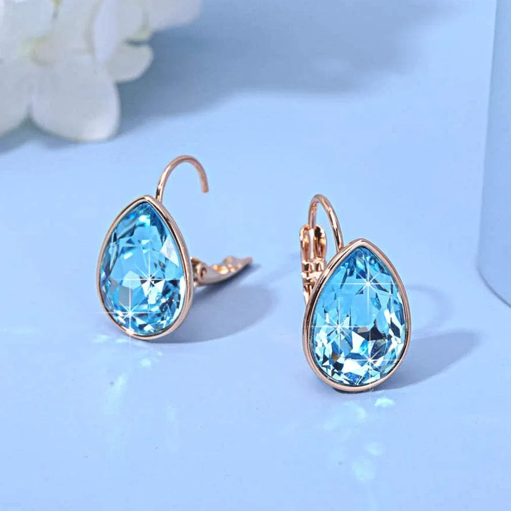 Teardrop Austrian Crystal Leverback Drop Earrings for Women 14K Rose Gold Plated Hypoallergenic Jewelry