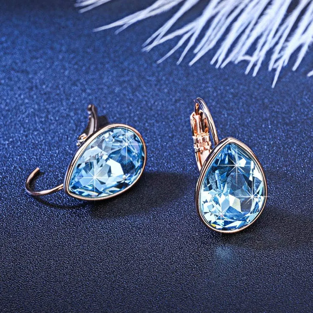 Teardrop Austrian Crystal Leverback Drop Earrings for Women 14K Rose Gold Plated Hypoallergenic Jewelry