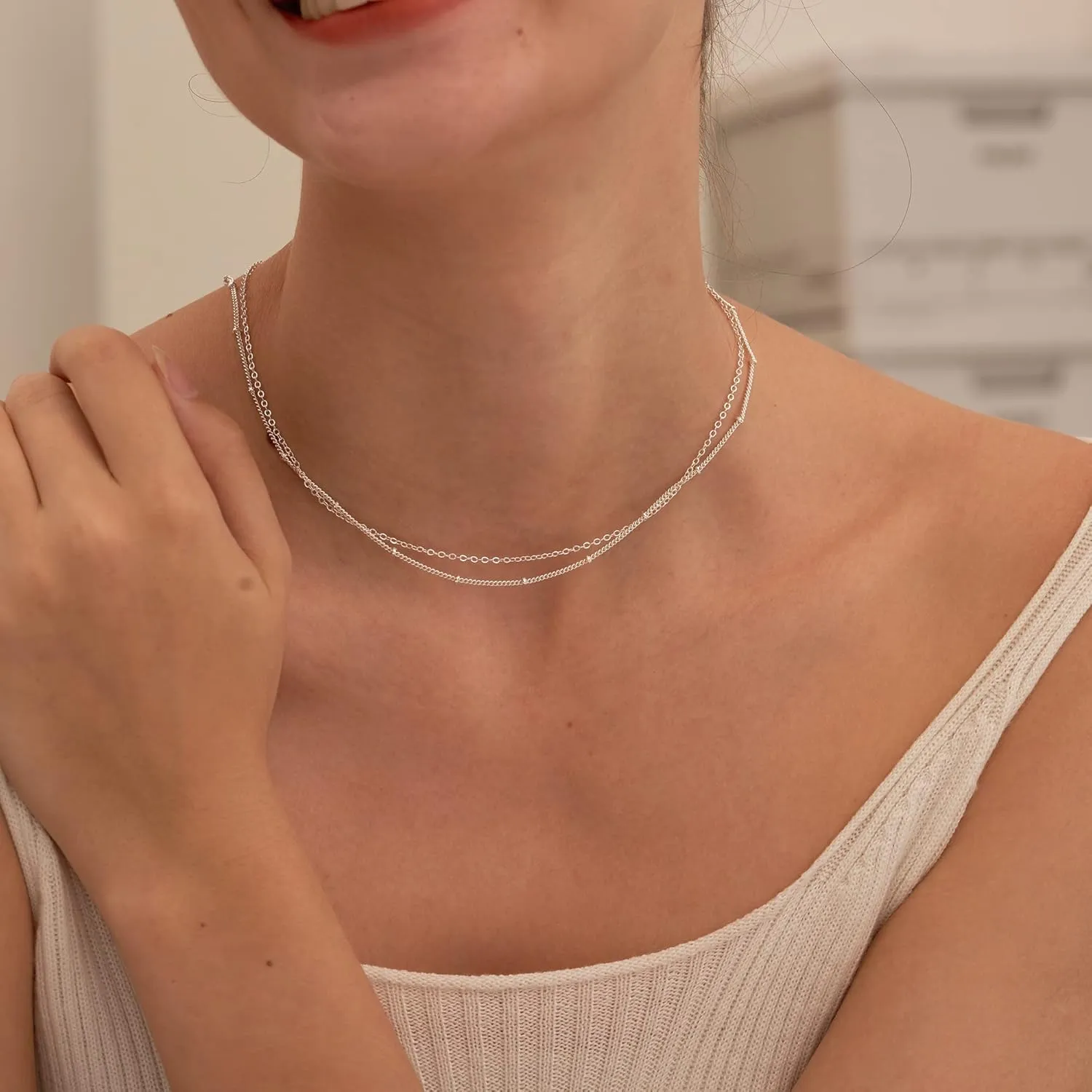 Tewiky Gold Chain Necklace for Women, 14k Gold Plated Thin Beaded Wave Box Chain Necklace Dainty Gold Necklace Simple Layered Gold Choker Necklaces Minimalist Gold Link Chain Necklace Trendy Jewelry for Women