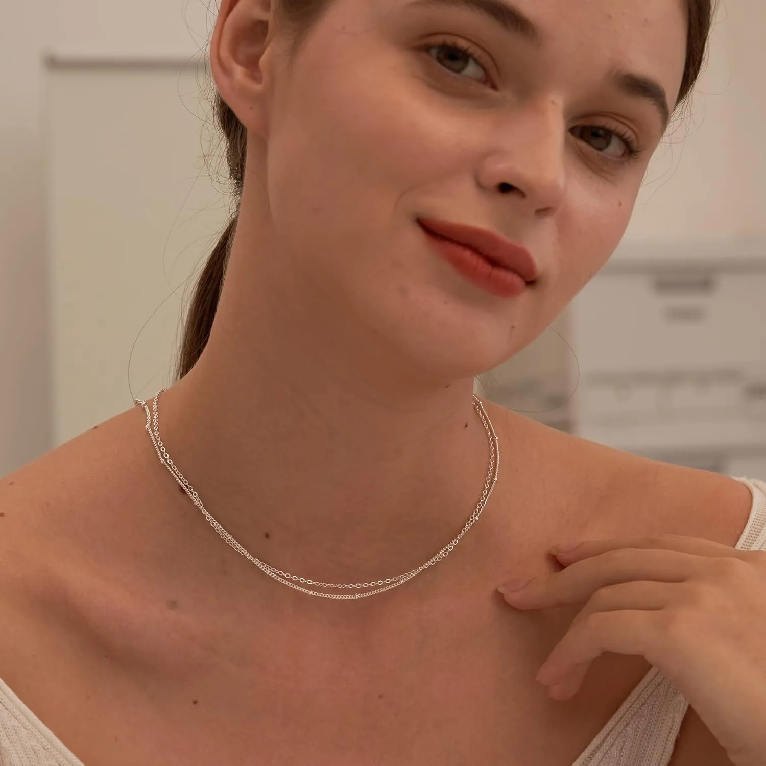 Tewiky Gold Chain Necklace for Women, 14k Gold Plated Thin Beaded Wave Box Chain Necklace Dainty Gold Necklace Simple Layered Gold Choker Necklaces Minimalist Gold Link Chain Necklace Trendy Jewelry for Women