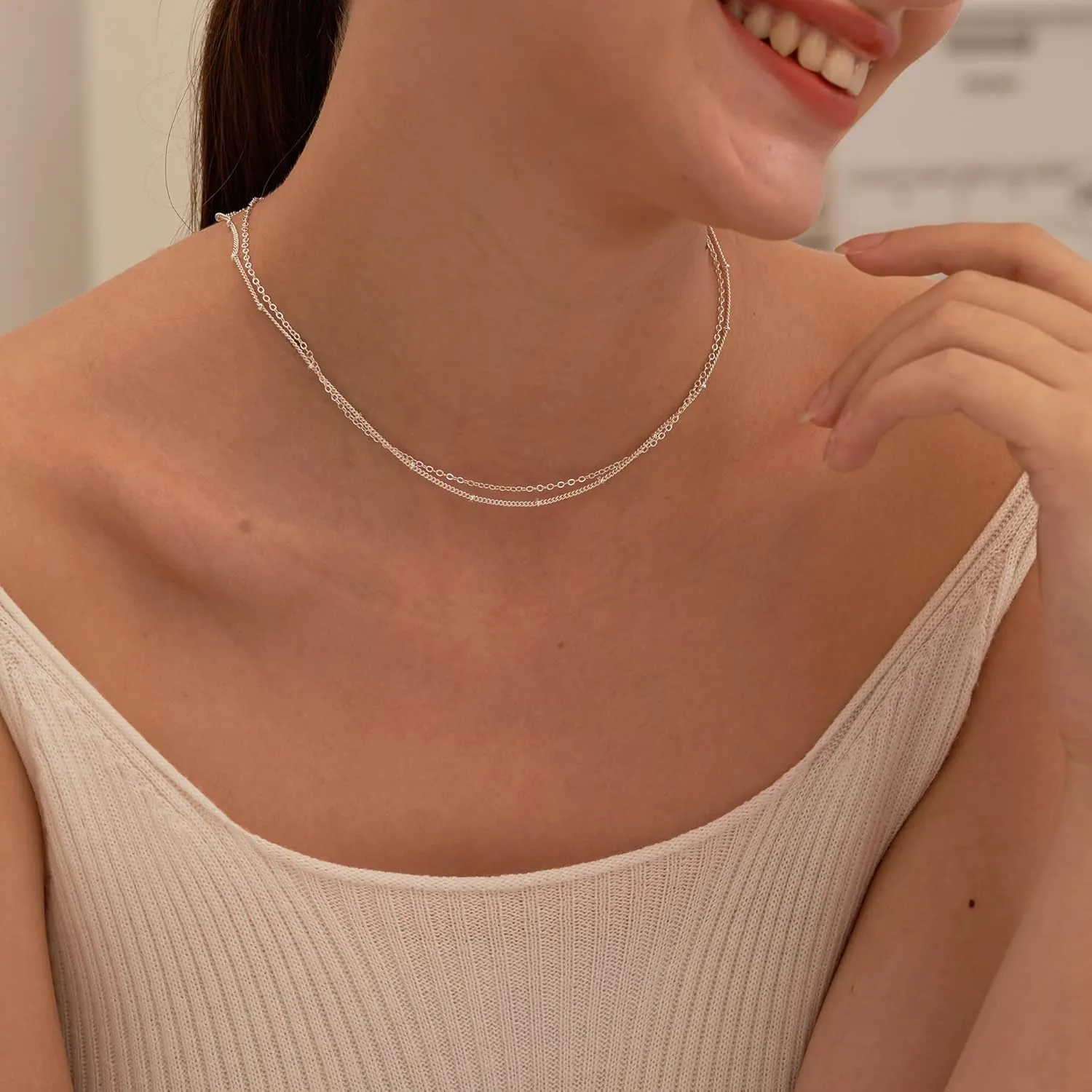 Tewiky Gold Chain Necklace for Women, 14k Gold Plated Thin Beaded Wave Box Chain Necklace Dainty Gold Necklace Simple Layered Gold Choker Necklaces Minimalist Gold Link Chain Necklace Trendy Jewelry for Women