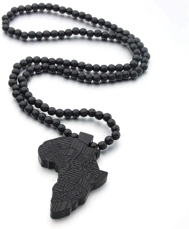 The Woo's Wooden Beaded Sweater Chain Vintage Cross/African Map Pendant for Men and Women Hip Hop Necklace Jewelry Unisex Necklaces Gifts