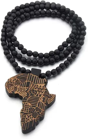 The Woo's Wooden Beaded Sweater Chain Vintage Cross/African Map Pendant for Men and Women Hip Hop Necklace Jewelry Unisex Necklaces Gifts