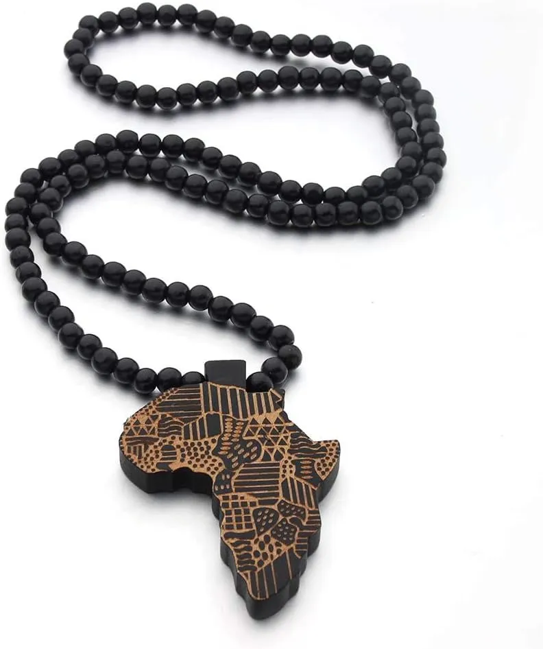 The Woo's Wooden Beaded Sweater Chain Vintage Cross/African Map Pendant for Men and Women Hip Hop Necklace Jewelry Unisex Necklaces Gifts