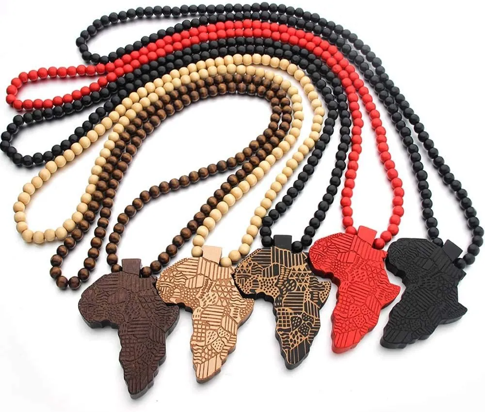 The Woo's Wooden Beaded Sweater Chain Vintage Cross/African Map Pendant for Men and Women Hip Hop Necklace Jewelry Unisex Necklaces Gifts