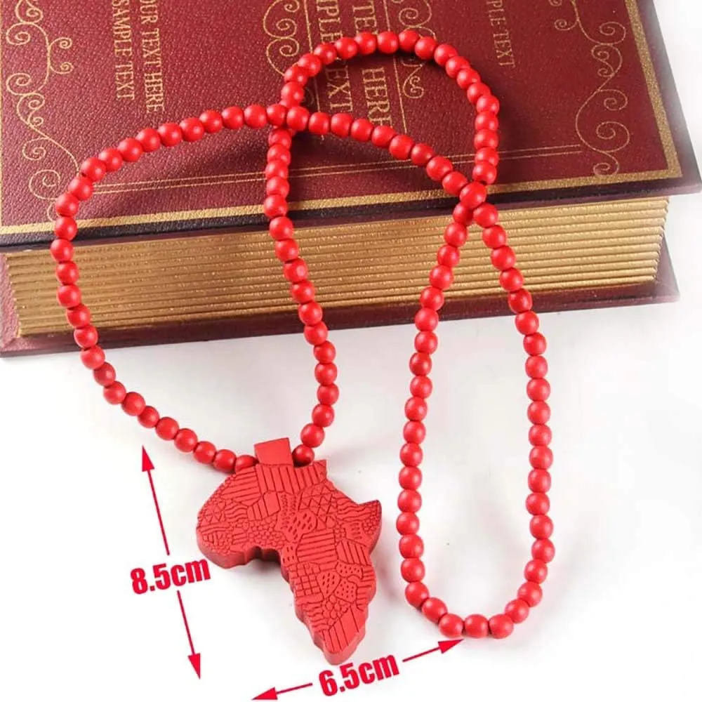 The Woo's Wooden Beaded Sweater Chain Vintage Cross/African Map Pendant for Men and Women Hip Hop Necklace Jewelry Unisex Necklaces Gifts