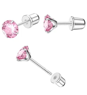 Threadless Flat Back Stud Earrings Hypoallergenic Titanium Surgical Steel Earrings 5MM CZ Push in Earrings Flat Back Handmade Jewelry for Women Girls Pink