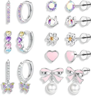 THUNARAZ Hypoallergenic Screw Back Earrings for Girls Women Surgical Stainless Steel Screwback Earrings Huggie Hoop Stud Earrings for Sensitive Ear Cute Heart Flower Bow Pearl Drop Dangle Earrings 20G