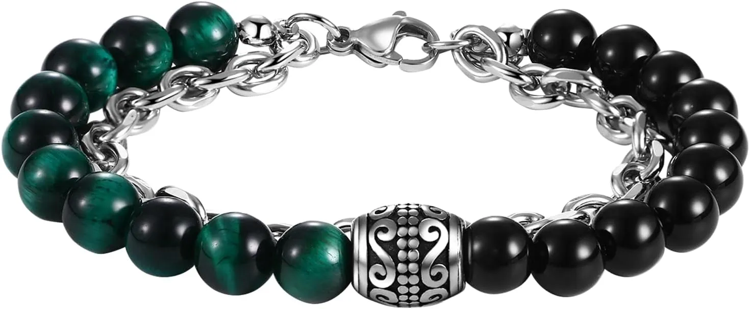 Tiger Eye Beaded Bracelet for Men: Cross Skull Celtic Knot Black Agate Stone Natural Beads Stretch Link Chain Bracelet Valentines Halloween Jewelry