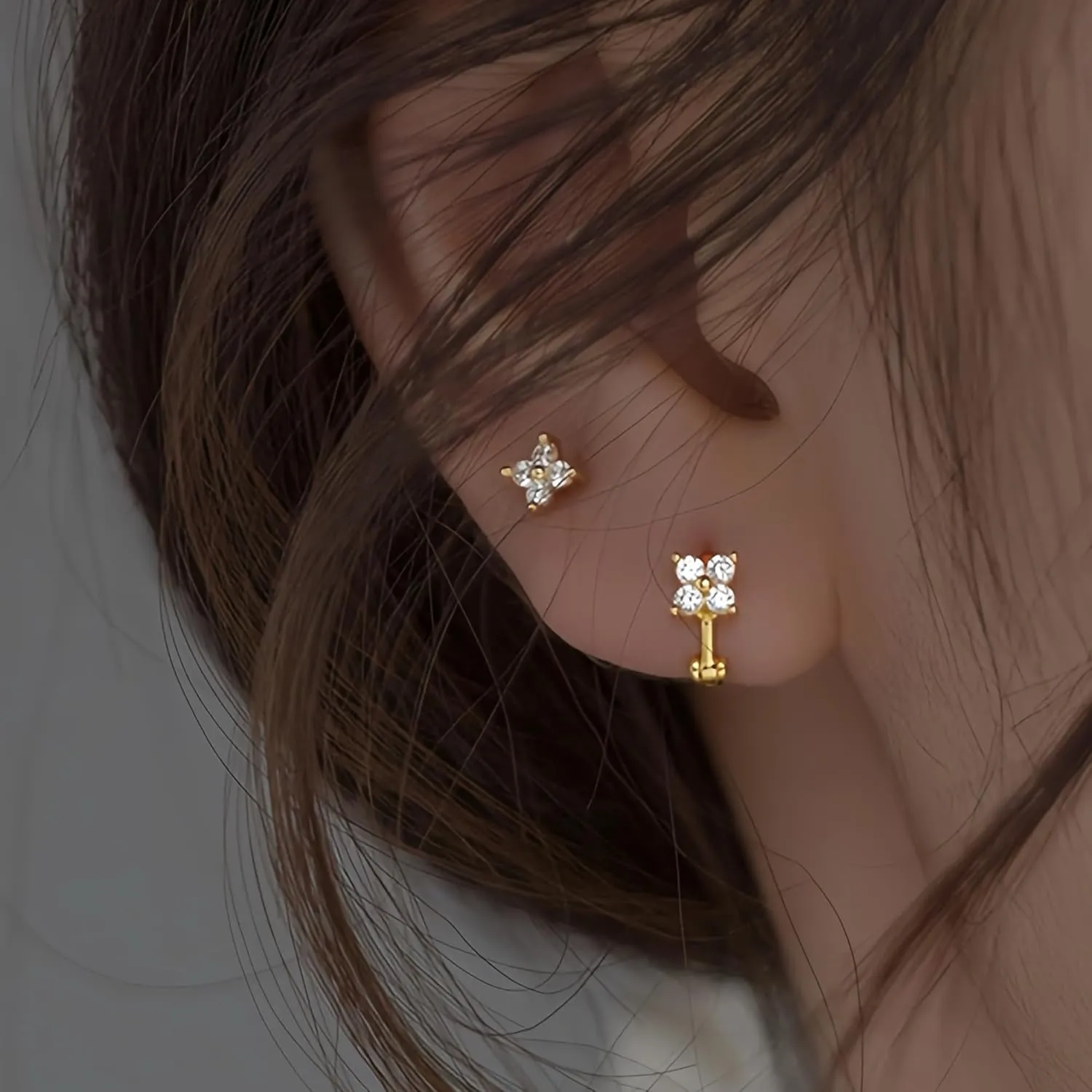 Tiny 4 Padels Flower Solid S925 Huggie Earrings; 14K Gold on Sterling Silver Hypoallergenic Hoop; Helix Cartilage Earlobe; Clear Black CZ Diamond Earrings;