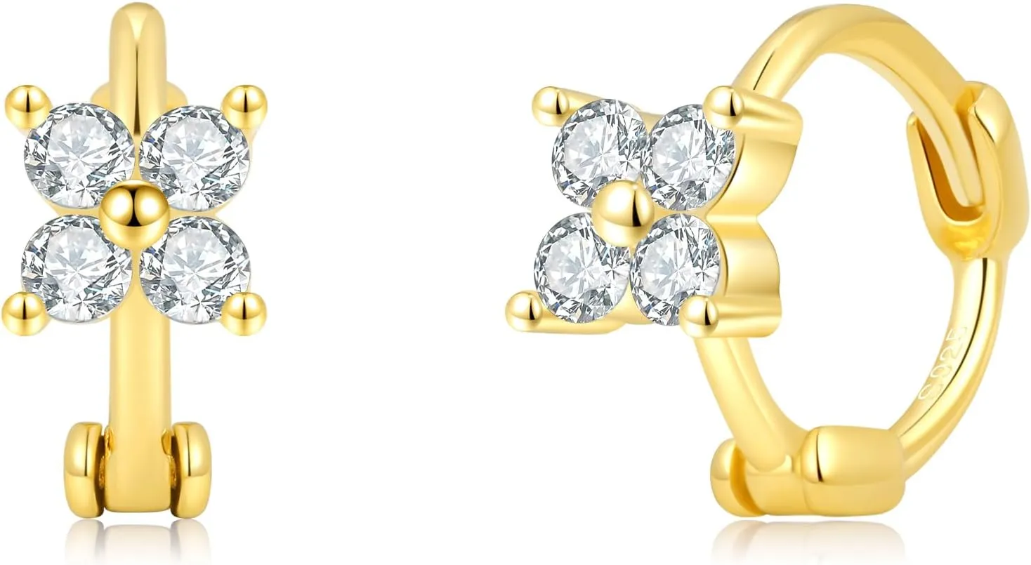 Tiny 4 Padels Flower Solid S925 Huggie Earrings; 14K Gold on Sterling Silver Hypoallergenic Hoop; Helix Cartilage Earlobe; Clear Black CZ Diamond Earrings;
