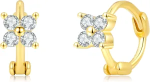 Tiny 4 Padels Flower Solid S925 Huggie Earrings; 14K Gold on Sterling Silver Hypoallergenic Hoop; Helix Cartilage Earlobe; Clear Black CZ Diamond Earrings;