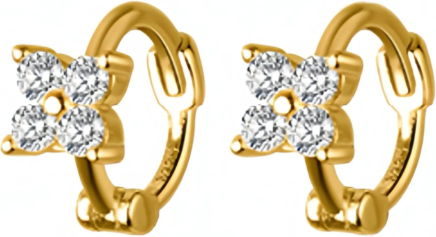 Tiny 4 Padels Flower Solid S925 Huggie Earrings; 14K Gold on Sterling Silver Hypoallergenic Hoop; Helix Cartilage Earlobe; Clear Black CZ Diamond Earrings;