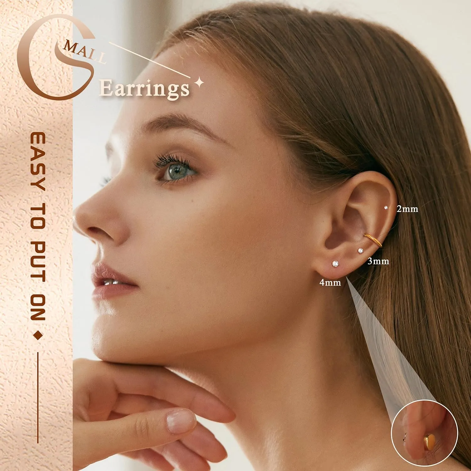 Tiny Hypoallergenic Flat Back Earrings - Surgical Steel Earrings For Women Men 14K Gold Plated Flatback Stud Earrings 20G Small Cartilage Earring Hoop 12 Pairs 2/3/4mm Screw Back Earrings