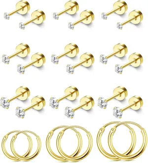 Tiny Hypoallergenic Flat Back Earrings - Surgical Steel Earrings For Women Men 14K Gold Plated Flatback Stud Earrings 20G Small Cartilage Earring Hoop 12 Pairs 2/3/4mm Screw Back Earrings