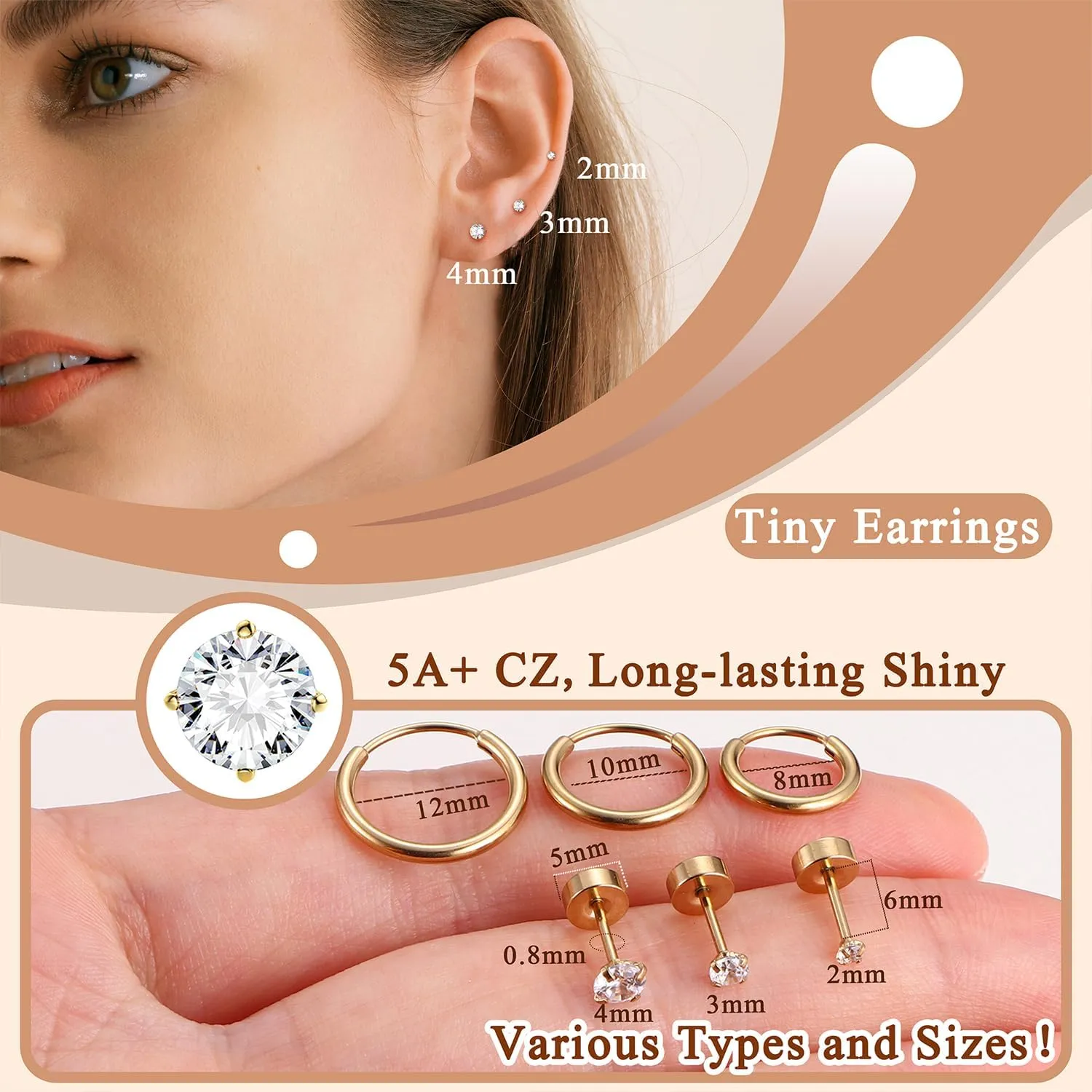 Tiny Hypoallergenic Flat Back Earrings - Surgical Steel Earrings For Women Men 14K Gold Plated Flatback Stud Earrings 20G Small Cartilage Earring Hoop 12 Pairs 2/3/4mm Screw Back Earrings