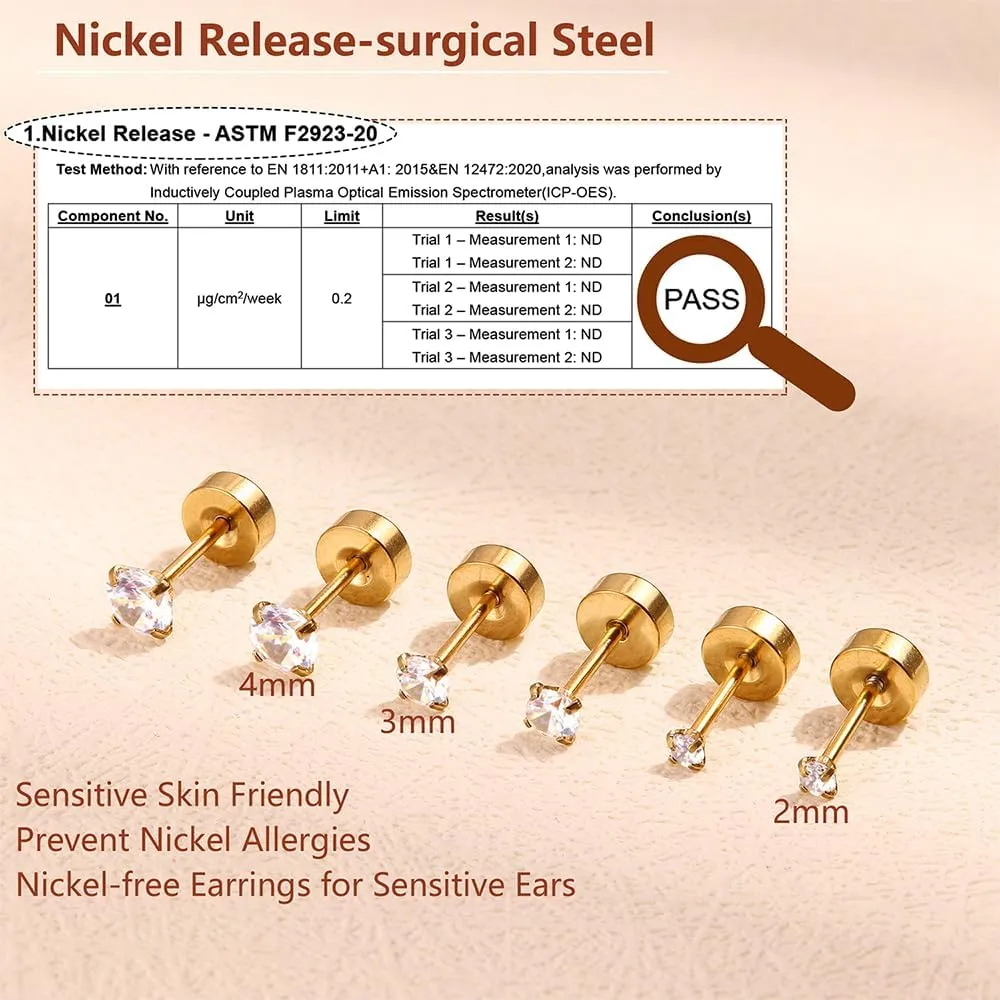 Tiny Hypoallergenic Flat Back Earrings - Surgical Steel Earrings For Women Men 14K Gold Plated Flatback Stud Earrings 20G Small Cartilage Earring Hoop 12 Pairs 2/3/4mm Screw Back Earrings