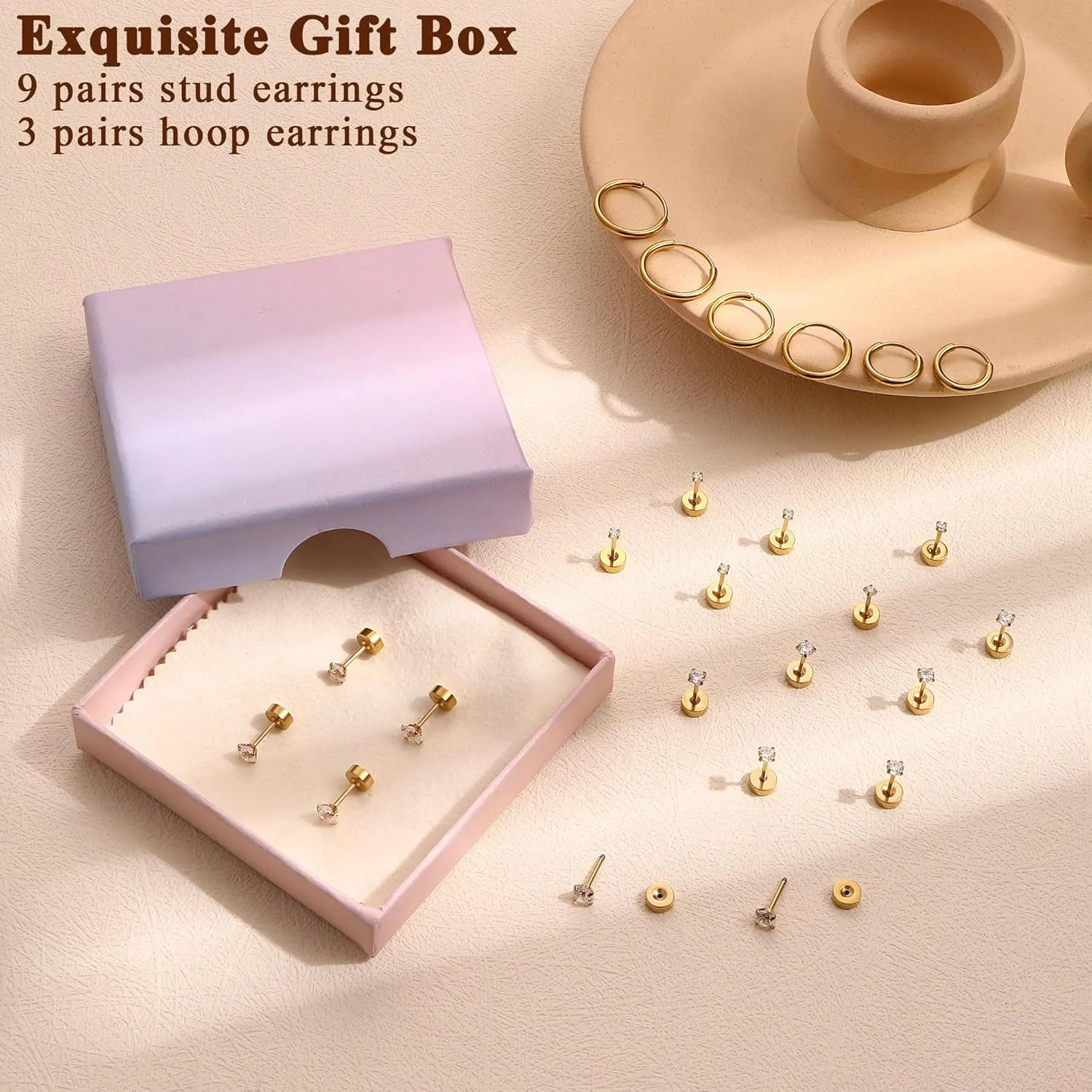 Tiny Hypoallergenic Flat Back Earrings - Surgical Steel Earrings For Women Men 14K Gold Plated Flatback Stud Earrings 20G Small Cartilage Earring Hoop 12 Pairs 2/3/4mm Screw Back Earrings