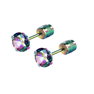 Titanium Surgical Stainless Steel Cubic Zirconia Screw Back Stud Earrings,Hypoallergenic Dainty Screw Flat Back CZ Studs Double Side Titanium Screw Back Earrings for Women Men (Rainbow Colorful)