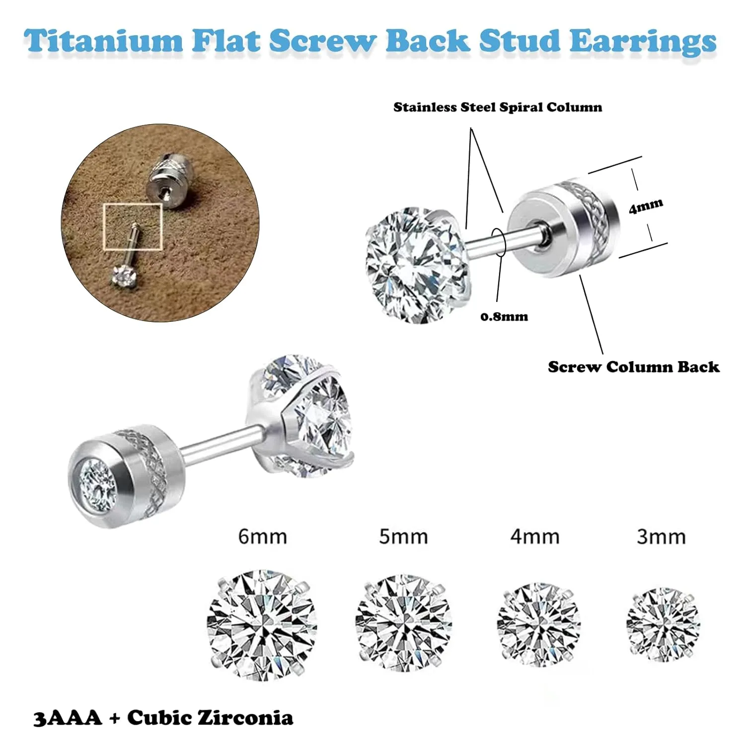 Titanium Surgical Stainless Steel Cubic Zirconia Screw Back Stud Earrings,Hypoallergenic Dainty Screw Flat Back CZ Studs Double Side Titanium Screw Back Earrings for Women Men (Rainbow Colorful)