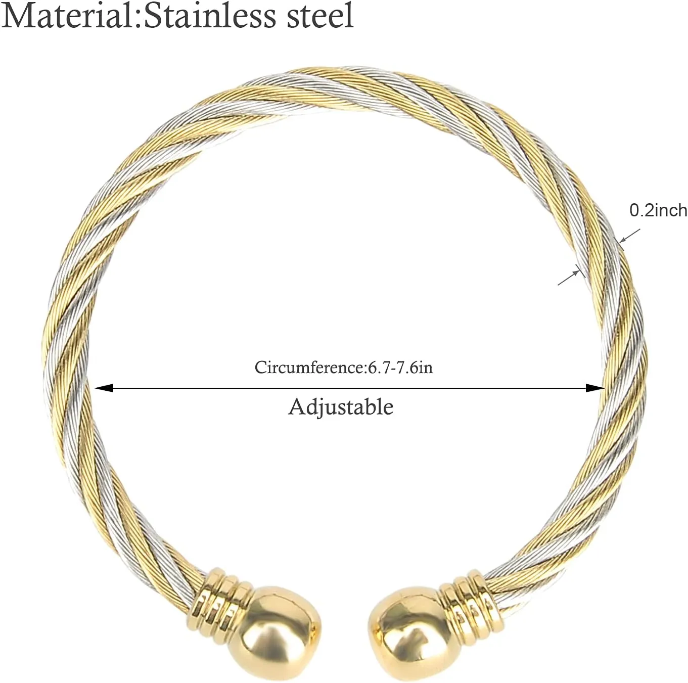 Tiyad Stainless Steel Golden Silver Twisted Cable Bracelet Adjustable Cuff Bangle Bracelets For Women