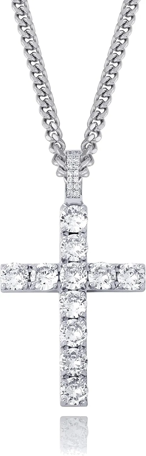 TOPGRILLZ Cross Necklace for Men Gold Necklace for Women Gold Heart Cross Jewelry 14K Silver Plated Solid Iced Cubic Zirconia Stainless Steel Pendant Chain