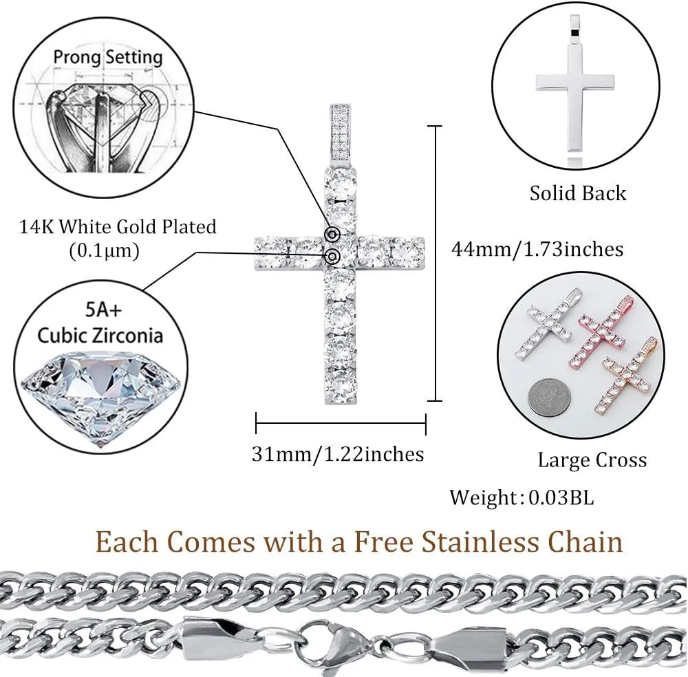 TOPGRILLZ Cross Necklace for Men Gold Necklace for Women Gold Heart Cross Jewelry 14K Silver Plated Solid Iced Cubic Zirconia Stainless Steel Pendant Chain