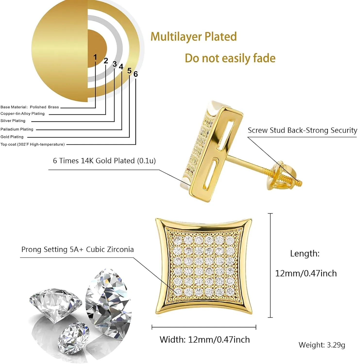 TOPGRILLZ Square Screw Stud Earrings 5A  Corlorful Cubic Zirconia 14K Gold Sparkle Hypoallergenic Screw Stud Square Flat Earrings For Men Women