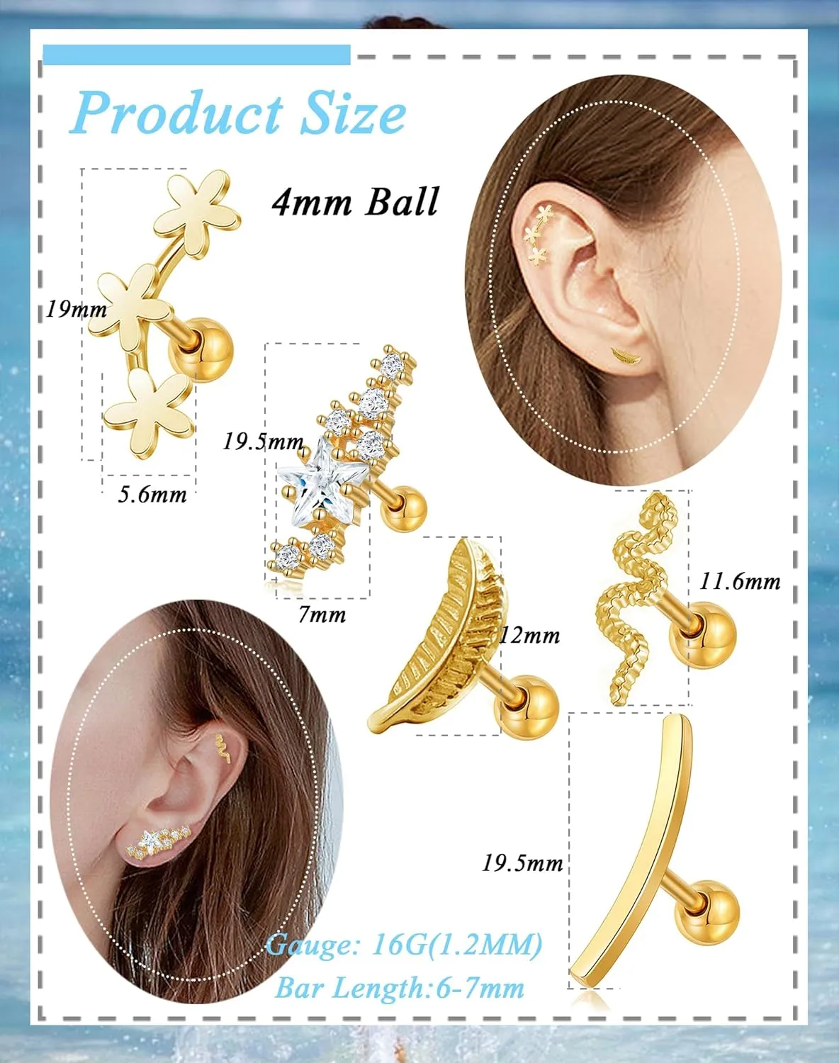 Tornito 9-30Pcs Cartilage CZ Stud Earrings Conch Forward Helix Tragus Daith Piercing Lip Rings Snake Heart Butterfly Jewelry for Women Men 16G Silver Gold Tone