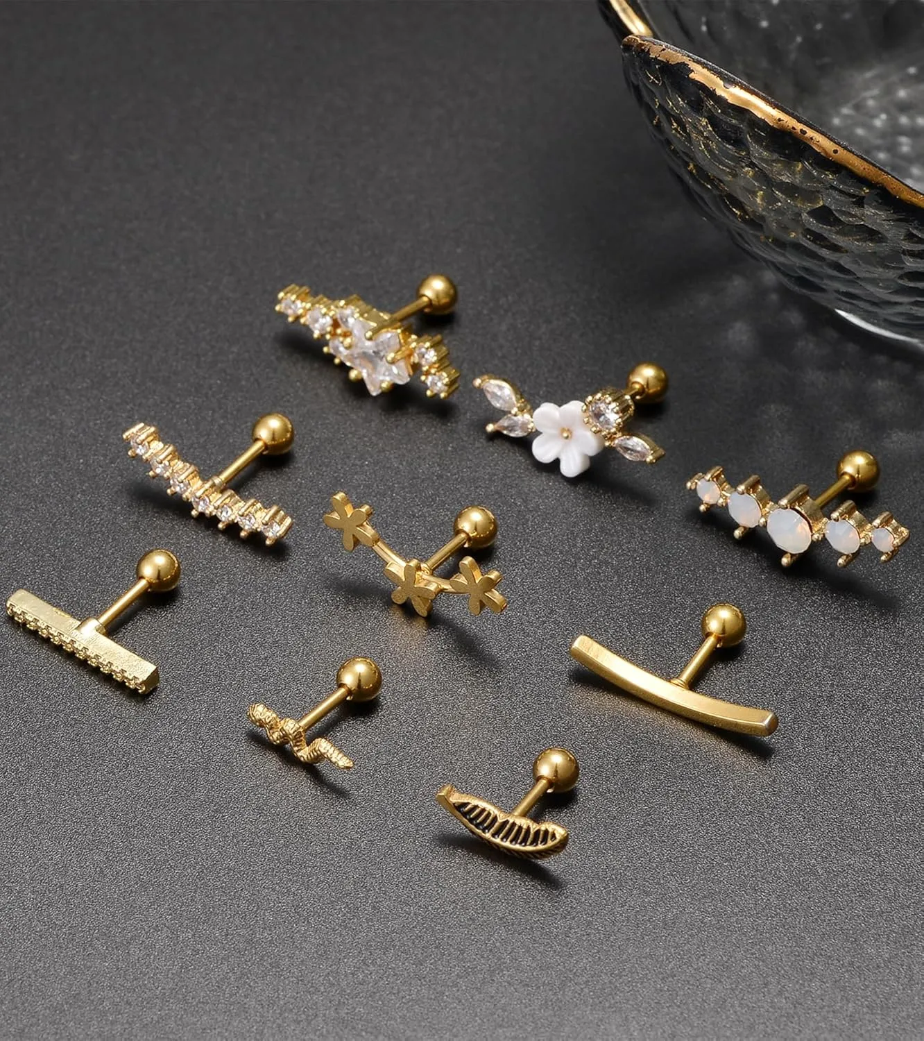 Tornito 9-30Pcs Cartilage CZ Stud Earrings Conch Forward Helix Tragus Daith Piercing Lip Rings Snake Heart Butterfly Jewelry for Women Men 16G Silver Gold Tone