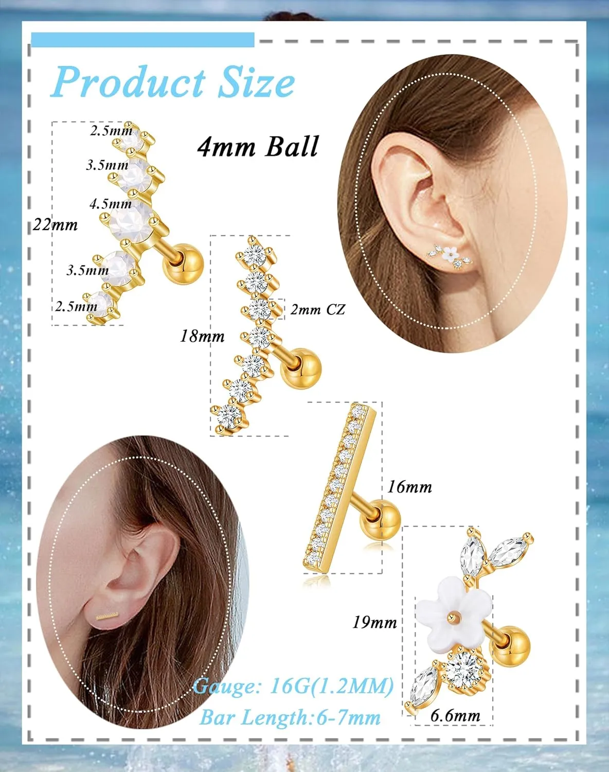 Tornito 9-30Pcs Cartilage CZ Stud Earrings Conch Forward Helix Tragus Daith Piercing Lip Rings Snake Heart Butterfly Jewelry for Women Men 16G Silver Gold Tone