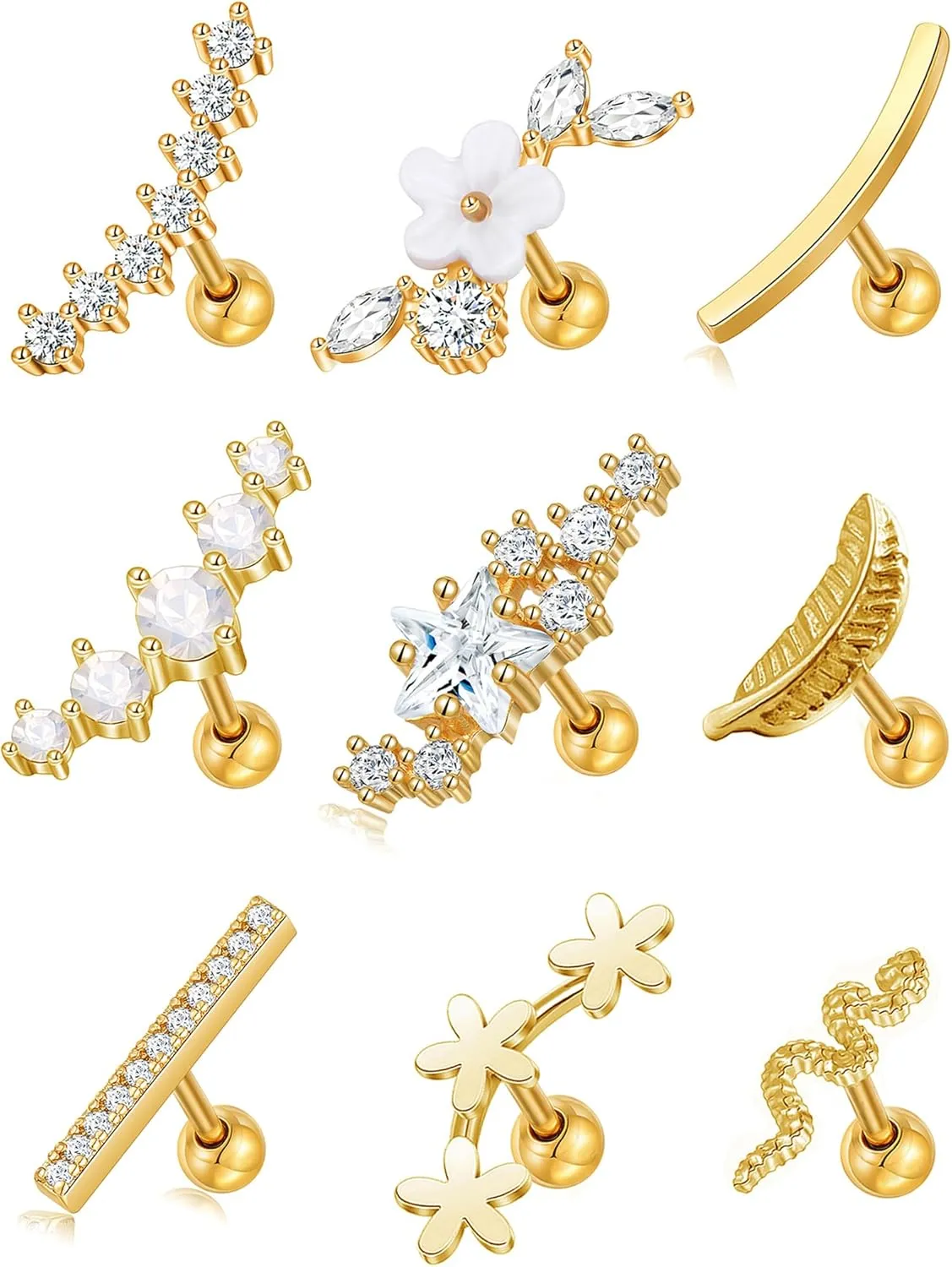 Tornito 9-30Pcs Cartilage CZ Stud Earrings Conch Forward Helix Tragus Daith Piercing Lip Rings Snake Heart Butterfly Jewelry for Women Men 16G Silver Gold Tone