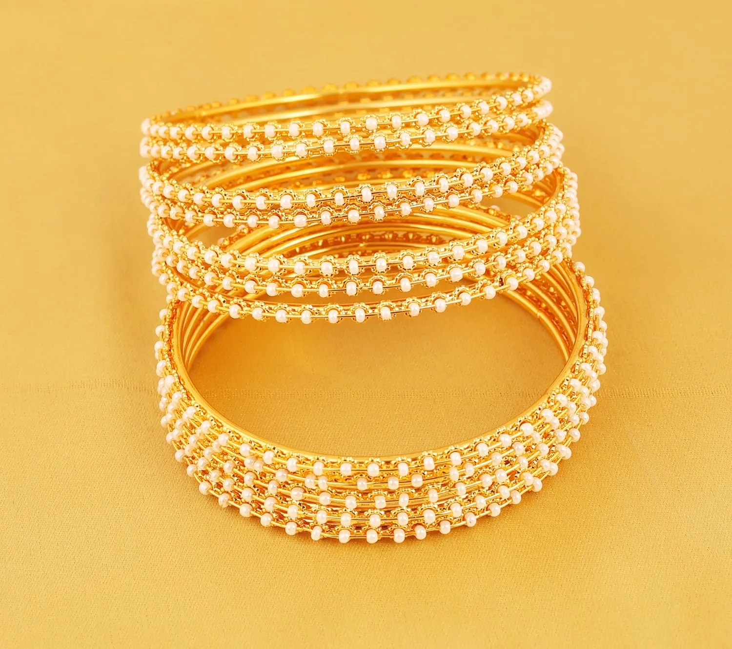 Touchstone Indian Bollywood Traditional Handcrafted Faux Pearls Exclusive Designer Jewelry Bangle Bracelets in Gold Tone for Women.