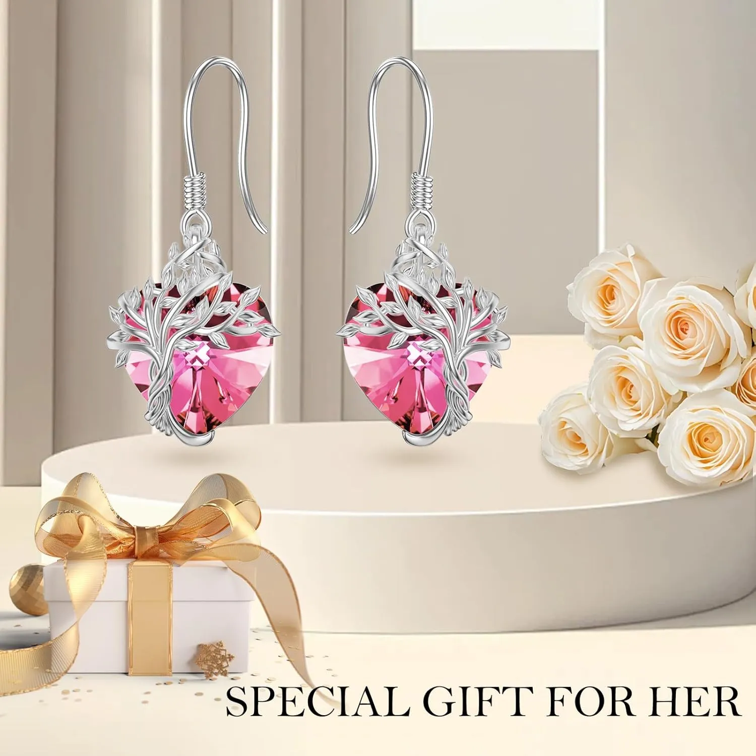 TOUPOP Tree of Life Earrings 925 Sterling Silver Family Tree Dangle Drop Earrings Crystal Jewelry Birthday Mothers Day Gifts for Women Her Mom