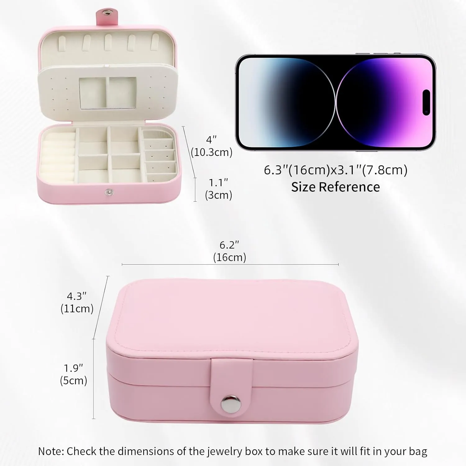 Travel Jewelry Case with Mirror, PU Leather Small Jewelry Organizer for Women Girls, Portable Mini Box, 2 Layer Storage Holder Boxes for Rings, Necklaces, Stud Earrings,Bracelets(Pink)